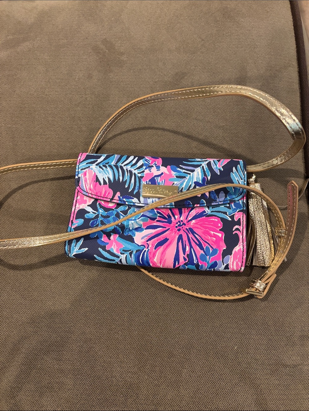 Lilly Pulitzer Navy Crossbody Wallet with Pink & Blue Floral Print